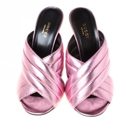 مملوكة مسبقًا Gucci Metallic Pink Leather Sylvia Crossover Mules Size 37