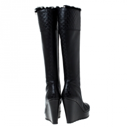 Pre Owned Gucci Black Microguccissima Leather and Fur Courtney Wedge Knee High Boots Size 36