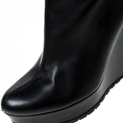 Pre Owned Gucci Black Microguccissima Leather and Fur Courtney Wedge Knee High Boots Size 36