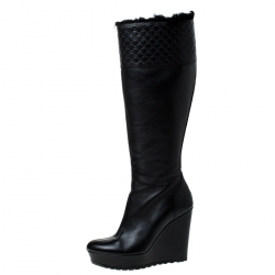 Pre Owned Gucci Black Microguccissima Leather and Fur Courtney Wedge Knee High Boots Size 36