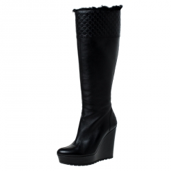 Pre Owned Gucci Black Microguccissima Leather and Fur Courtney Wedge Knee High Boots Size 36