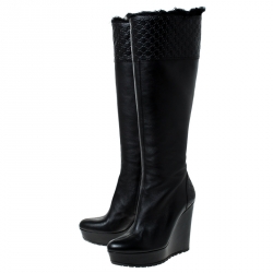 Pre Owned Gucci Black Microguccissima Leather and Fur Courtney Wedge Knee High Boots Size 36