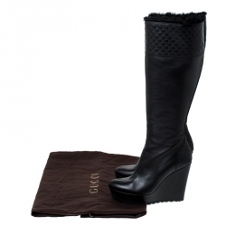 Pre Owned Gucci Black Microguccissima Leather and Fur Courtney Wedge Knee High Boots Size 36
