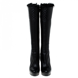 Pre Owned Gucci Black Microguccissima Leather and Fur Courtney Wedge Knee High Boots Size 36