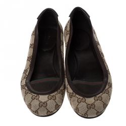 Pre Owned Gucci Beige/Brown GG Canvas and Leather Web Ballet Flats Size 39