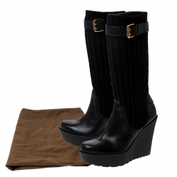 Pre Owned  Gucci Black Fabric and Leather Buckle Sock Wedge Boots Size 37.5