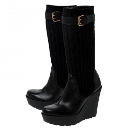 Pre Owned  Gucci Black Fabric and Leather Buckle Sock Wedge Boots Size 37.5