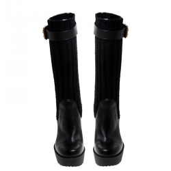 Pre Owned  Gucci Black Fabric and Leather Buckle Sock Wedge Boots Size 37.5