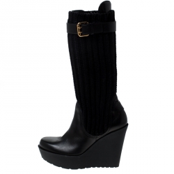 Pre Owned  Gucci Black Fabric and Leather Buckle Sock Wedge Boots Size 37.5