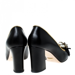 مملوكة مسبقًا Gucci Black Leather GG Bee Embellished Bow Block Heel Pumps Size 36.5