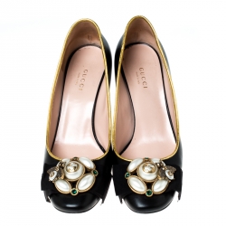 مملوكة مسبقًا Gucci Black Leather GG Bee Embellished Bow Block Heel Pumps Size 36.5