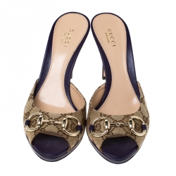 مملوكة مسبقًا Gucci Beige/Purple GG Canvas New Hollywood Horsebit Slides Size 38