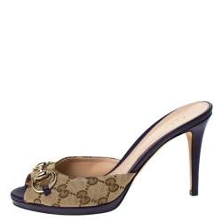 مملوكة مسبقًا Gucci Beige/Purple GG Canvas New Hollywood Horsebit Slides Size 38