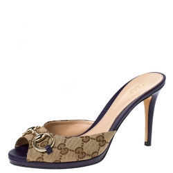 مملوكة مسبقًا Gucci Beige/Purple GG Canvas New Hollywood Horsebit Slides Size 38