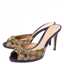 مملوكة مسبقًا Gucci Beige/Purple GG Canvas New Hollywood Horsebit Slides Size 38