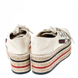 Gucci  Beige Canvas Platform Espadrille Lace Up Sneakers Size 37.5
