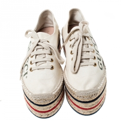 Gucci  Beige Canvas Platform Espadrille Lace Up Sneakers Size 37.5