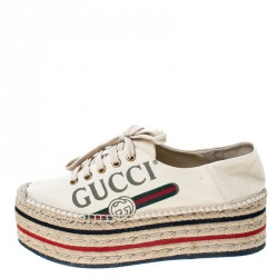 Gucci  Beige Canvas Platform Espadrille Lace Up Sneakers Size 37.5