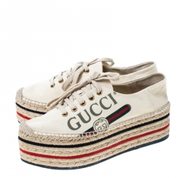 Gucci  Beige Canvas Platform Espadrille Lace Up Sneakers Size 37.5