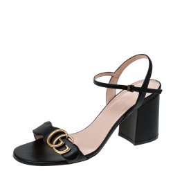  Gucci Black Leather GG Block Heel Ankle Strap Sandals Size 37.5