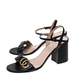  Gucci Black Leather GG Block Heel Ankle Strap Sandals Size 37.5