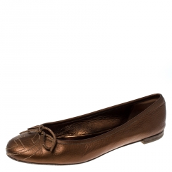 Pre Owned Gucci Golden Brown GG Leather Bow Ballet Flats Size 38