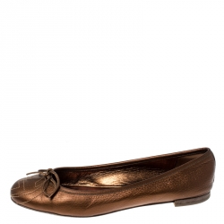 Pre Owned Gucci Golden Brown GG Leather Bow Ballet Flats Size 38