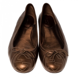 Pre Owned Gucci Golden Brown GG Leather Bow Ballet Flats Size 38