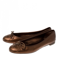 Pre Owned Gucci Golden Brown GG Leather Bow Ballet Flats Size 38