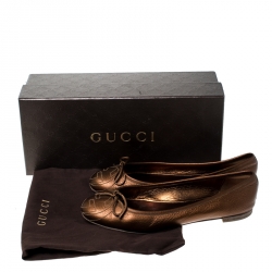 Pre Owned Gucci Golden Brown GG Leather Bow Ballet Flats Size 38