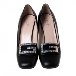 مملوكة مسبقًا Gucci Black Leather Crystal G Mid Heel Pumps Size 40