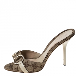 Pre Owned Gucci Beige Monogram Canvas Horsebit Open Toe Sandals Size 36
