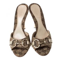 Pre Owned Gucci Beige Monogram Canvas Horsebit Open Toe Sandals Size 36