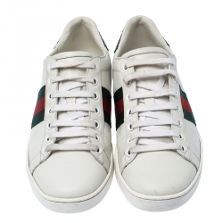 مملوكة مسبقًا  Gucci  White Leather Ace Web Detail Lace Up Sneakers Size 37 
