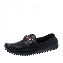 Pre Owned Gucci Black Leather Web Horsebit Loafers Size 38