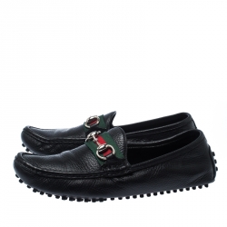 Pre Owned Gucci Black Leather Web Horsebit Loafers Size 38