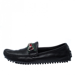 Pre Owned Gucci Black Leather Web Horsebit Loafers Size 38