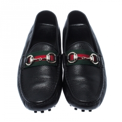 Pre Owned Gucci Black Leather Web Horsebit Loafers Size 38