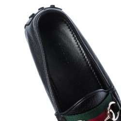 Pre Owned Gucci Black Leather Web Horsebit Loafers Size 38