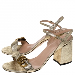 Gucci Metallic Gold Leather GG Ankle Strap Block Heel Sandals Size 38