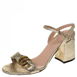 Gucci Metallic Gold Leather GG Ankle Strap Block Heel Sandals Size 38