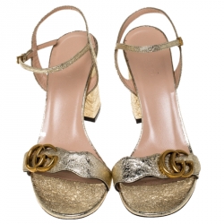 Gucci Metallic Gold Leather GG Ankle Strap Block Heel Sandals Size 38