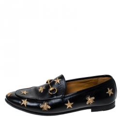 Pre Owned Gucci Black Leather Embroidered Bee Star Horsebit Slip On Loafers Size 39