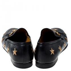 Pre Owned Gucci Black Leather Embroidered Bee Star Horsebit Slip On Loafers Size 39