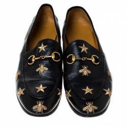 Pre Owned Gucci Black Leather Embroidered Bee Star Horsebit Slip On Loafers Size 39