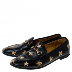 Pre Owned Gucci Black Leather Embroidered Bee Star Horsebit Slip On Loafers Size 39