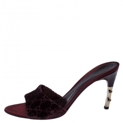 Pre Owned Gucci Burgundy GG Velvet and Snakeskin Bamboo Heel Slides Size 39