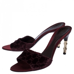 Pre Owned Gucci Burgundy GG Velvet and Snakeskin Bamboo Heel Slides Size 39
