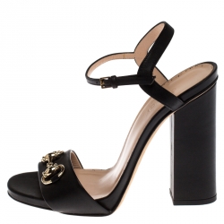 Pre Owned Gucci Black Leather Horsebit Ankle Strap Open Toe Block Heel Sandals Size 36
