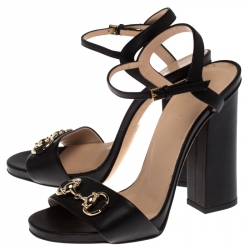 Pre Owned Gucci Black Leather Horsebit Ankle Strap Open Toe Block Heel Sandals Size 36